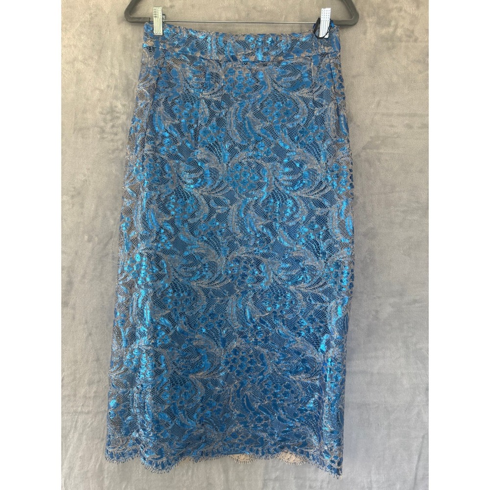 NWT Dolce & Gabbana Metallic Blue Floral Lace Pencil Skirt IT46 US 10 MSRP $1785